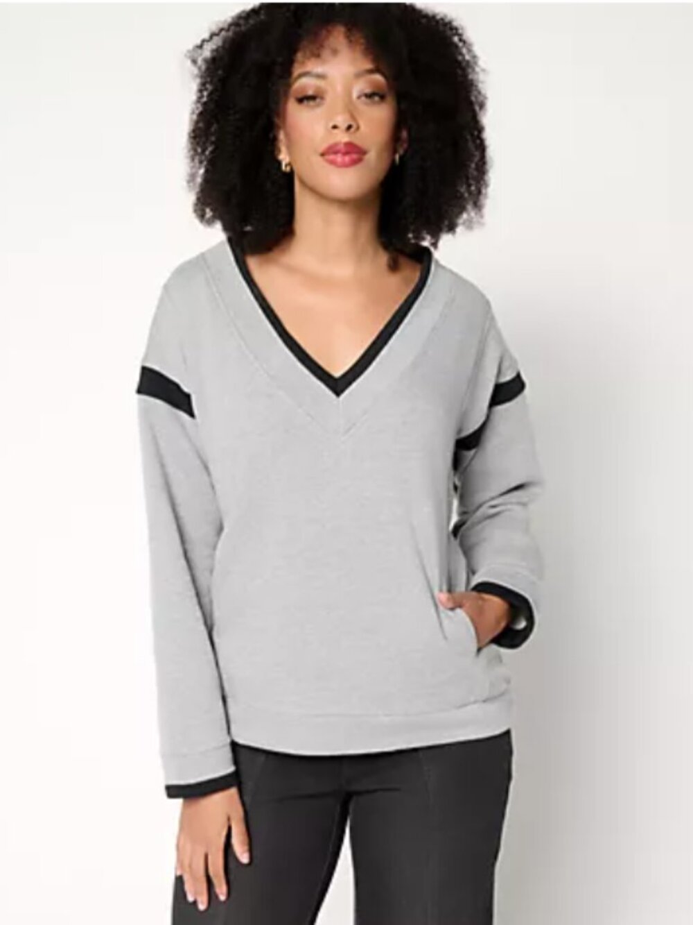 RM Studio x Rebecca Minkoff Gray V Neck Sweatshirt XXS NWT Contrast Trim